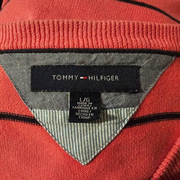 Tommy Hilfiger Men's Coral Black Striped V-Neck Long Sleeve Sweater Large - Picture 4 of 5